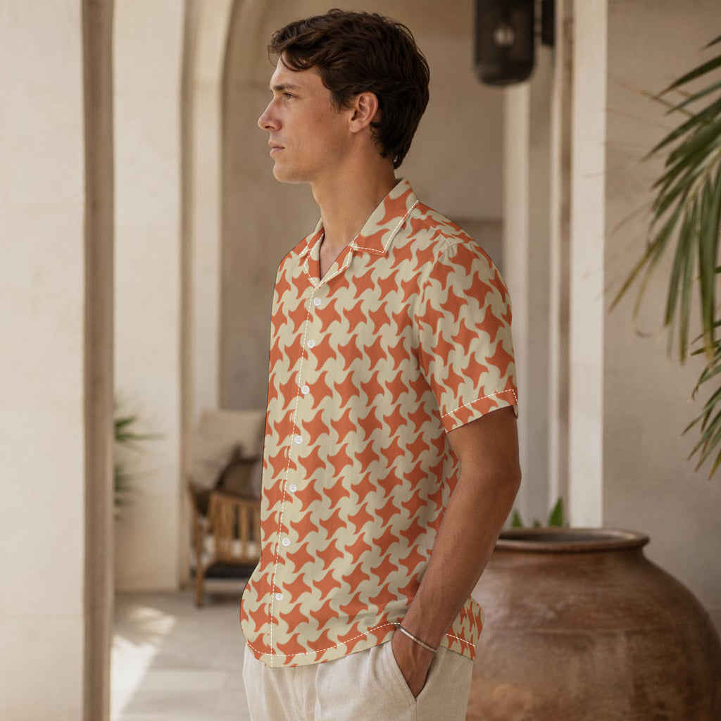 Orange and Cream Houndstooth Print Men's Cotton Hawaiian Style Shirt |115GSM Cotton poplin