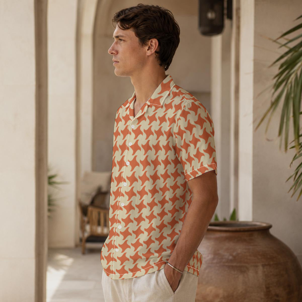 Orange and Cream Houndstooth Print Men's Cotton Hawaiian Style Shirt |115GSM Cotton poplin