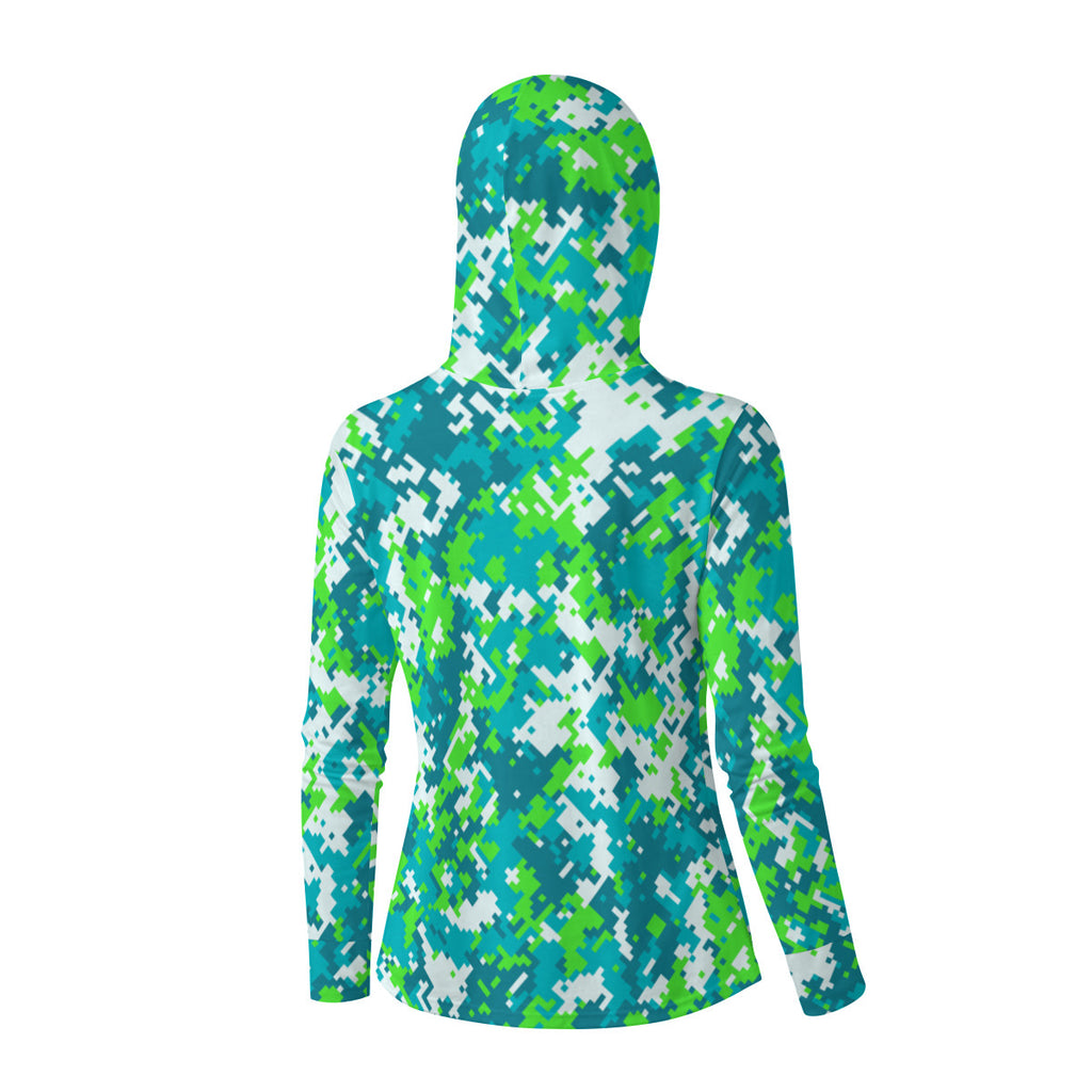 High Visiblity Neon Green Camouflage Women's UV-Resistant Hooded Shirt W/Retractable Facemask