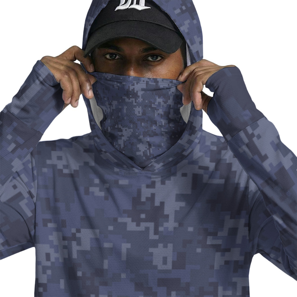 Navy Pixel Print Camouglage Men’s Sun Protection Hoodie with Face Cover and Thumb Holes