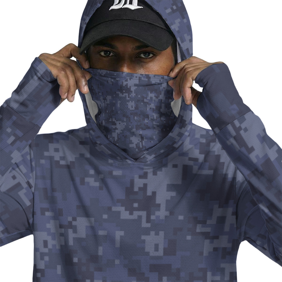 Navy Pixel Print Camouglage Men’s Sun Protection Hoodie with Face Cover and Thumb Holes