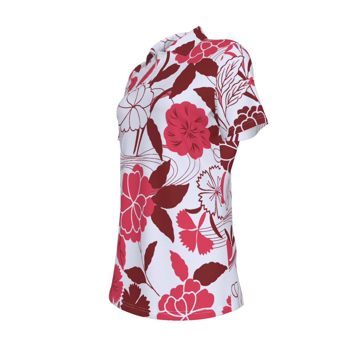 Red, white and burgundy floral Print Women's UV Protection POLO Shirt
