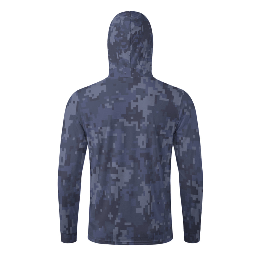 Navy Pixel Print Camouglage Men’s Sun Protection Hoodie with Face Cover and Thumb Holes