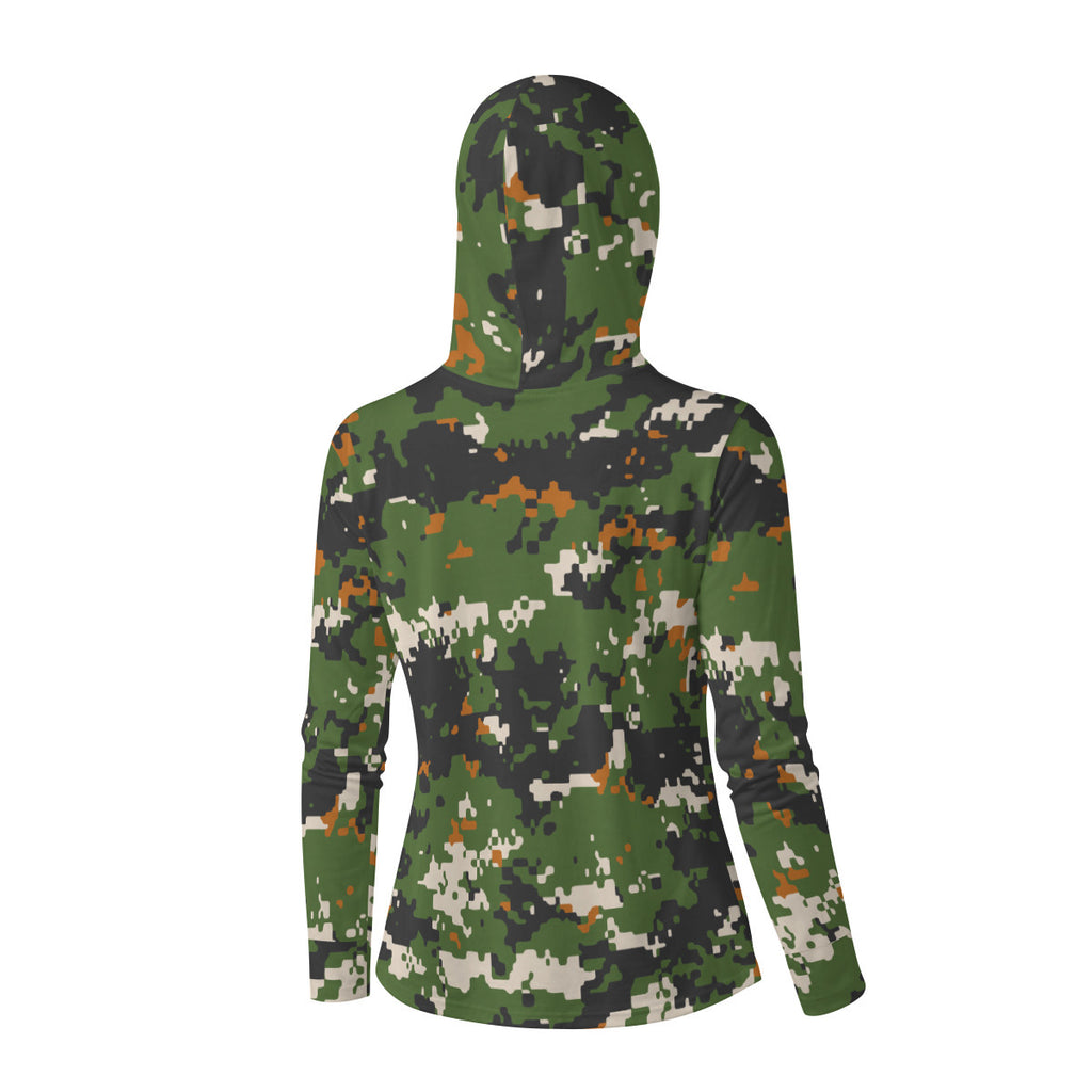 Green Pixel Camoflage Print UV-Resistant Women’s Hooded Shirt w/Retractable Facemask