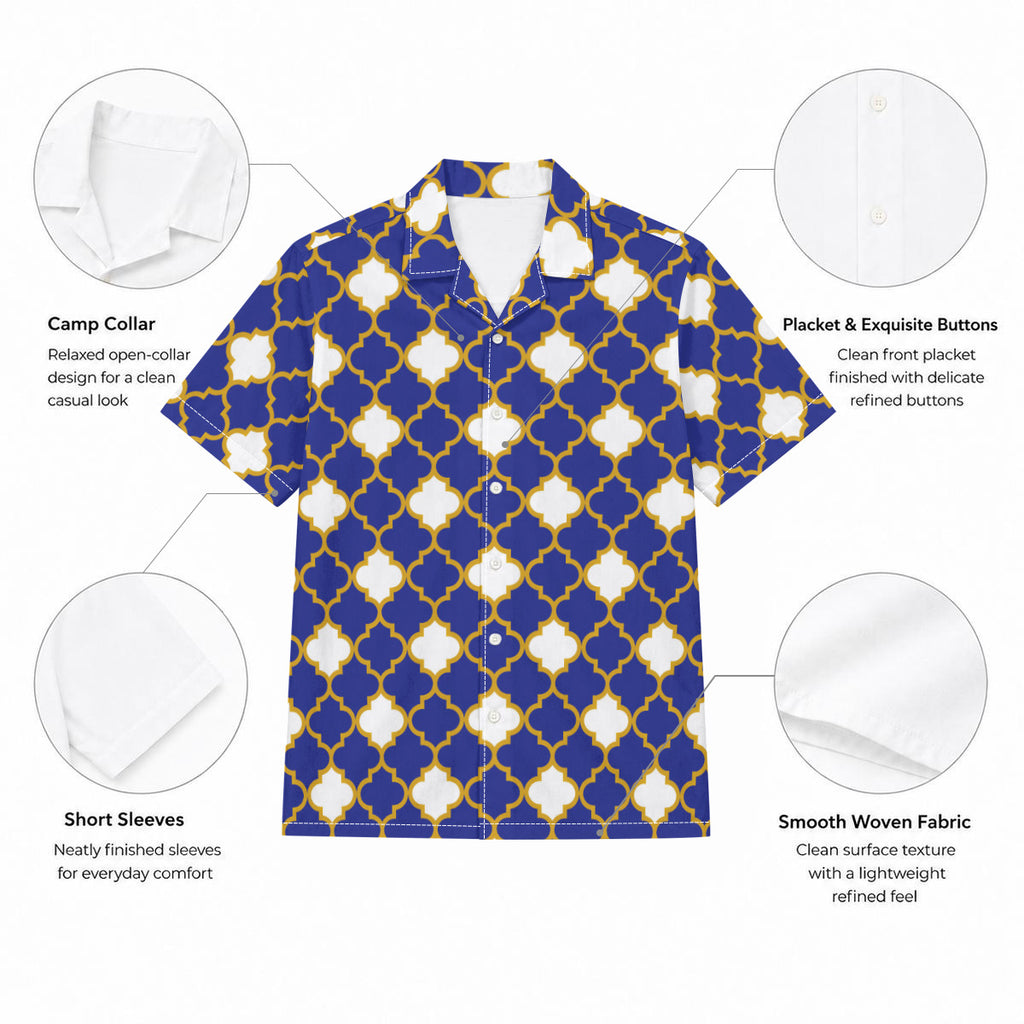 Blue and White Quatrefoil Print Hawaiian Shirt |115GSM Cotton poplin