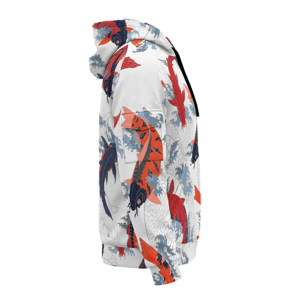 Japanese Koi Print Men’s Heavyweight Fleece Half-Zip Hoodie With Arm Pockets