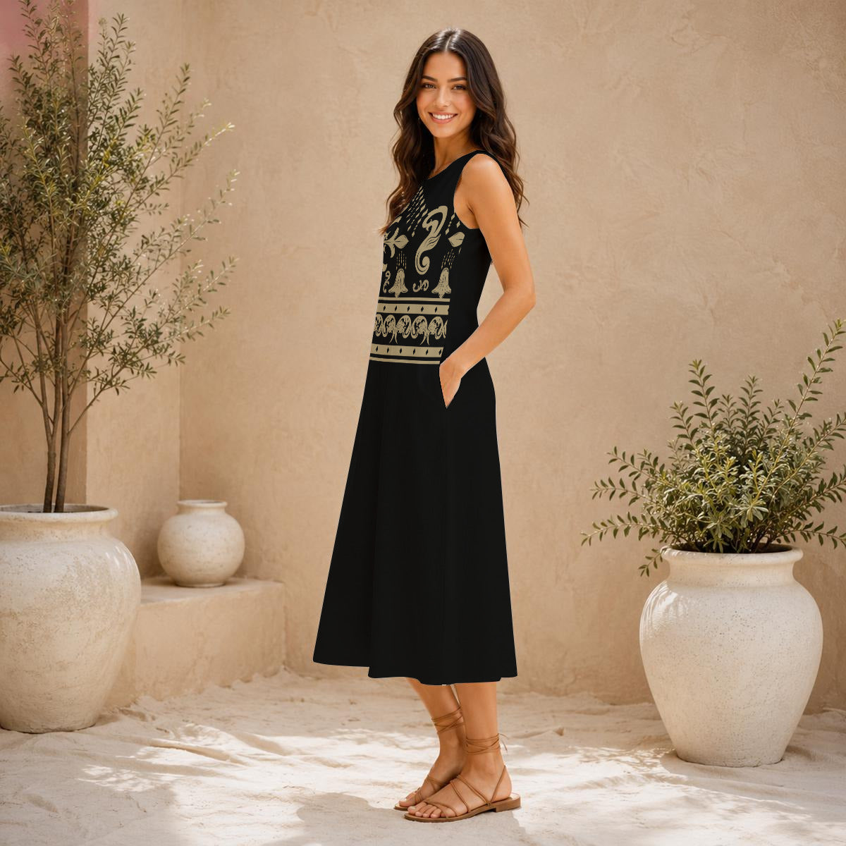 Black Women's Sleeveless 100% Cotton Dress With Gold Accents|125GSM Slub Cotton