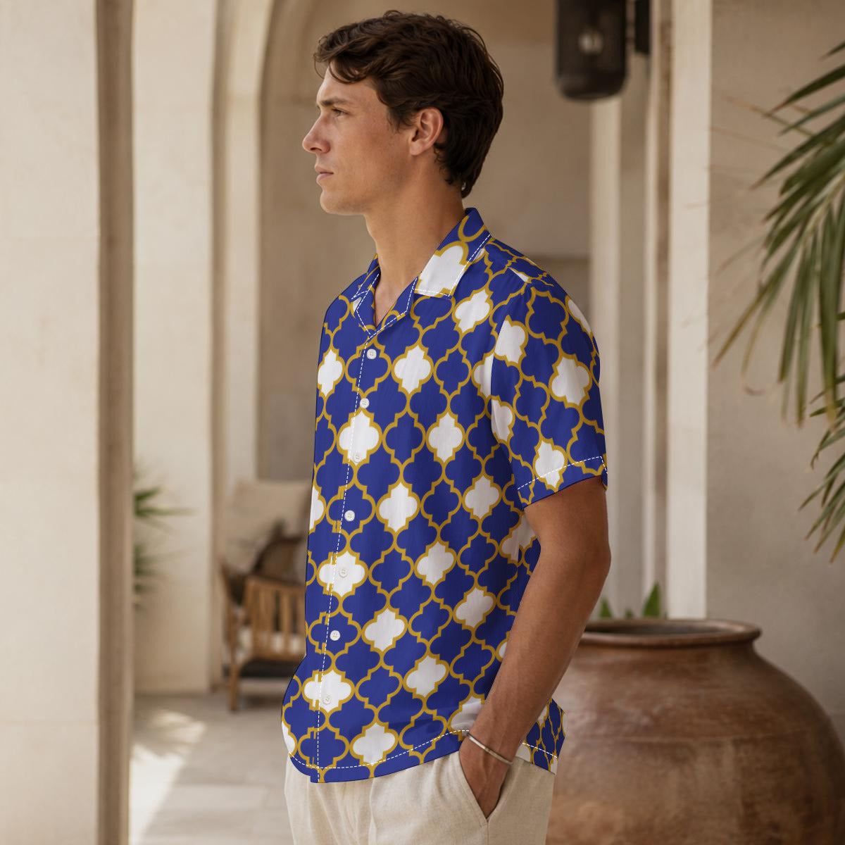 Blue and White Quatrefoil Print Hawaiian Shirt |115GSM Cotton poplin