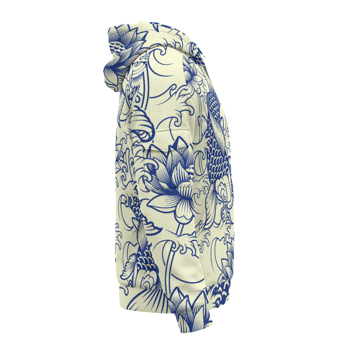 Blue Koi-Pond Japanese Print Men’s Heavyweight Fleece Half-Zip Hoodie With Arm Pockets