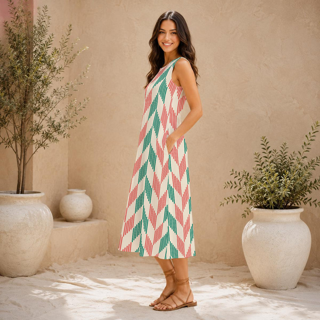 Green, Red and Cream Herringbone Women's Sleeveless 100% Cotton Dress With Pocket|125GSM Slub Cotton