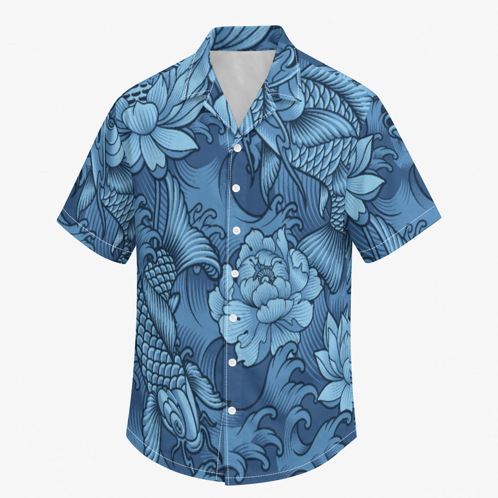Blue Koi Pond Print Men's Hawaiian Shirt |115GSM Cotton poplin