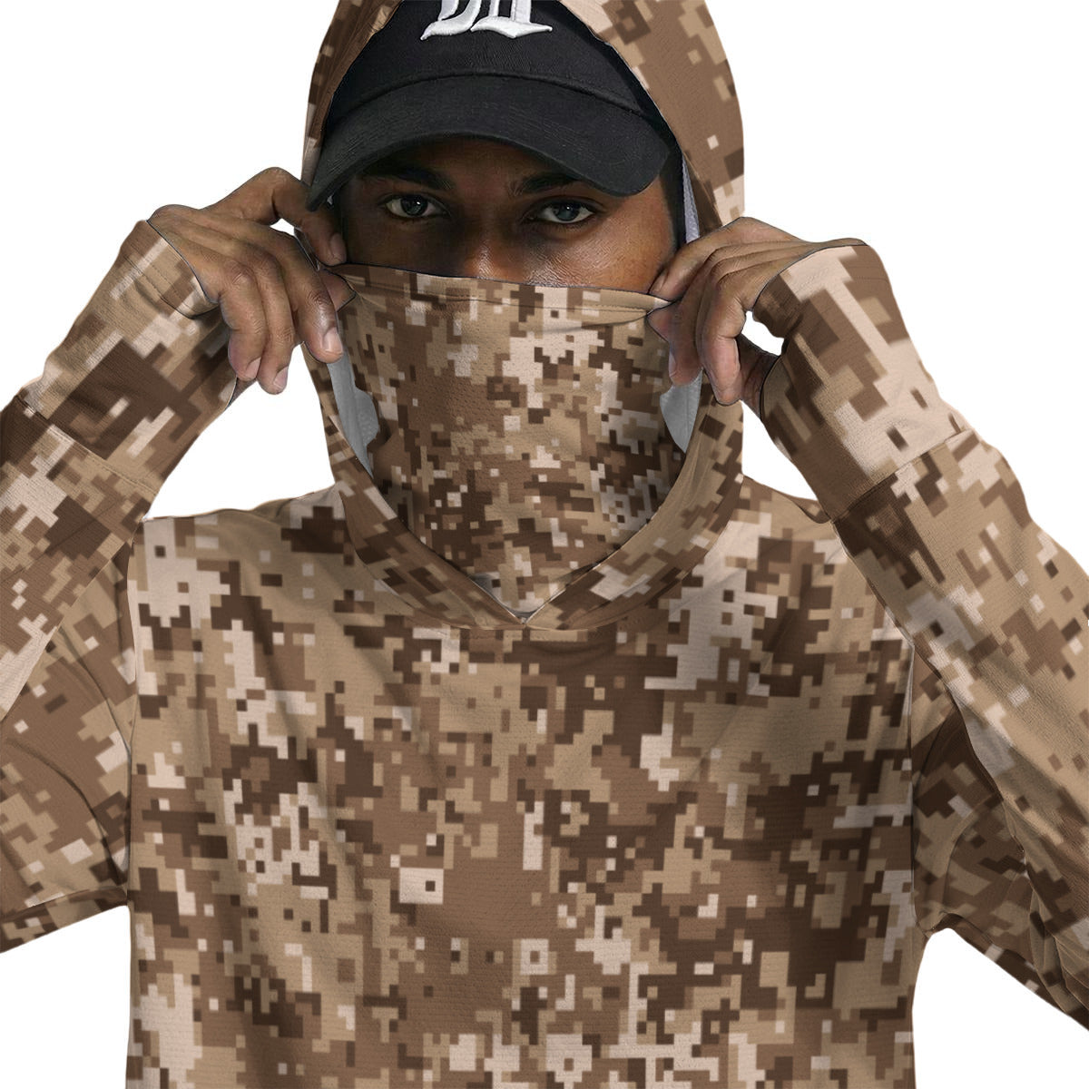 Desert Camouflage Pixel Print Men’s Sun Protection Hoodie with Face Cover and Thumb Holes