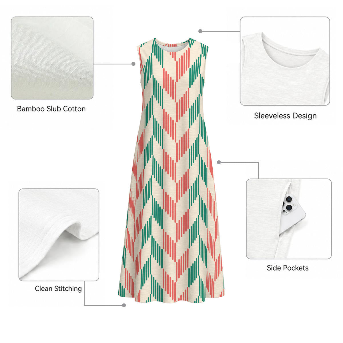 Green, Red and Cream Herringbone Women's Sleeveless 100% Cotton Dress With Pocket|125GSM Slub Cotton