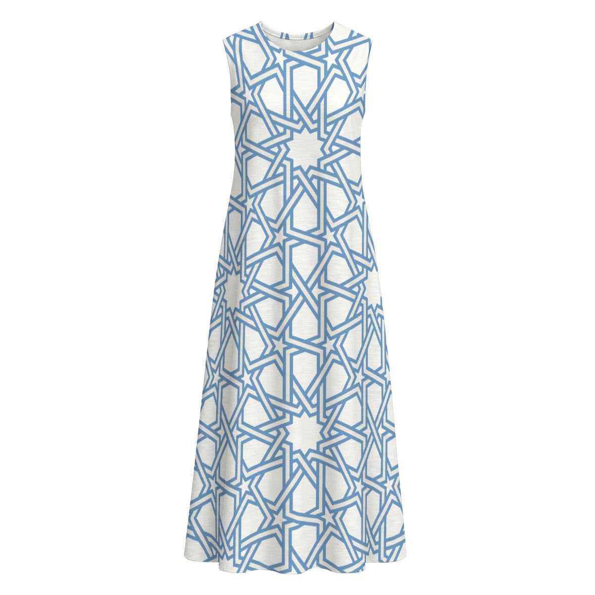 Moorish Tile Print 100% Cotton Women's Sleeveless Dress With Pocket|125GSM Slub Cotton