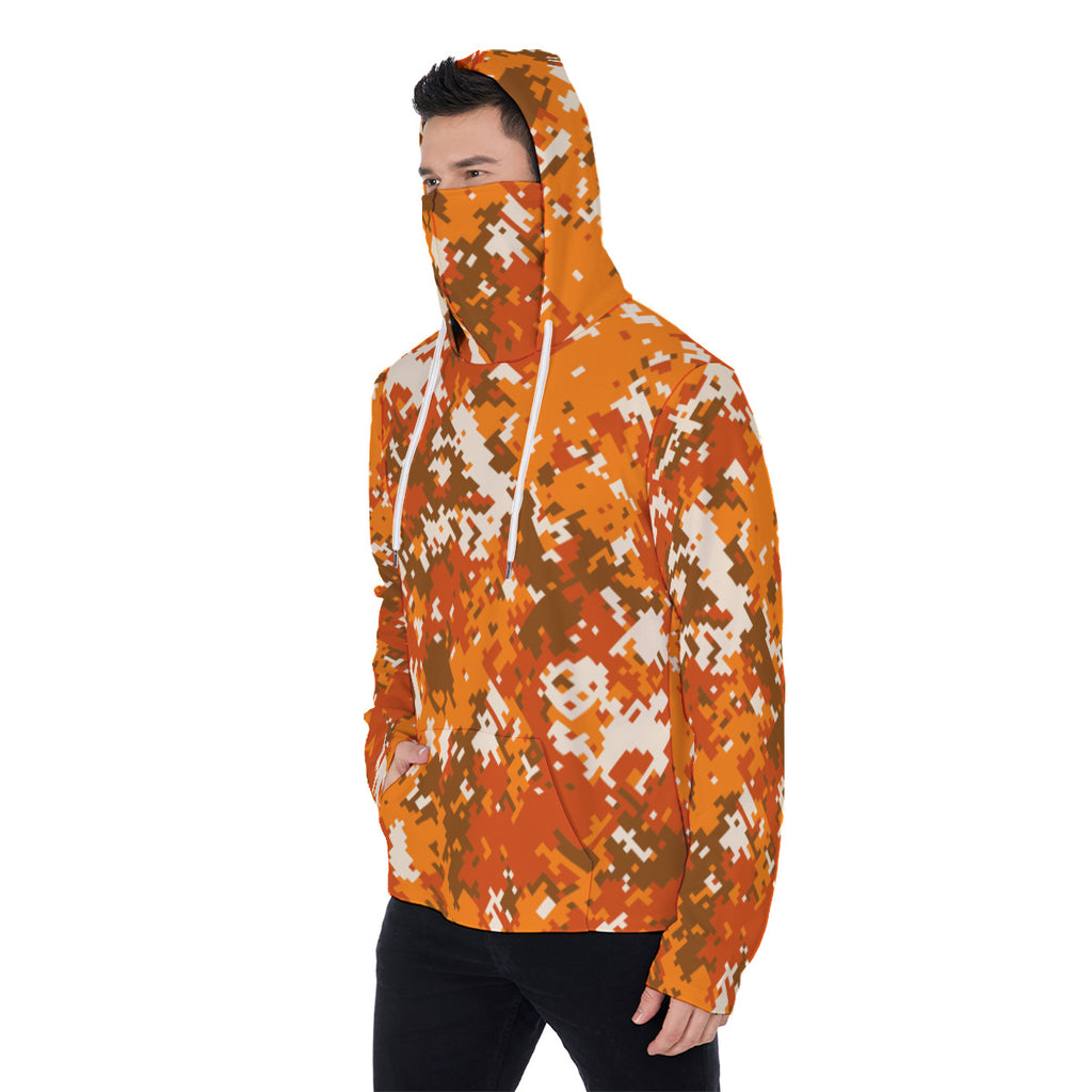 Hi Visibility Orange Camouflage Men's Heavyweight Fleece Hoodie With Retractable Face Mask