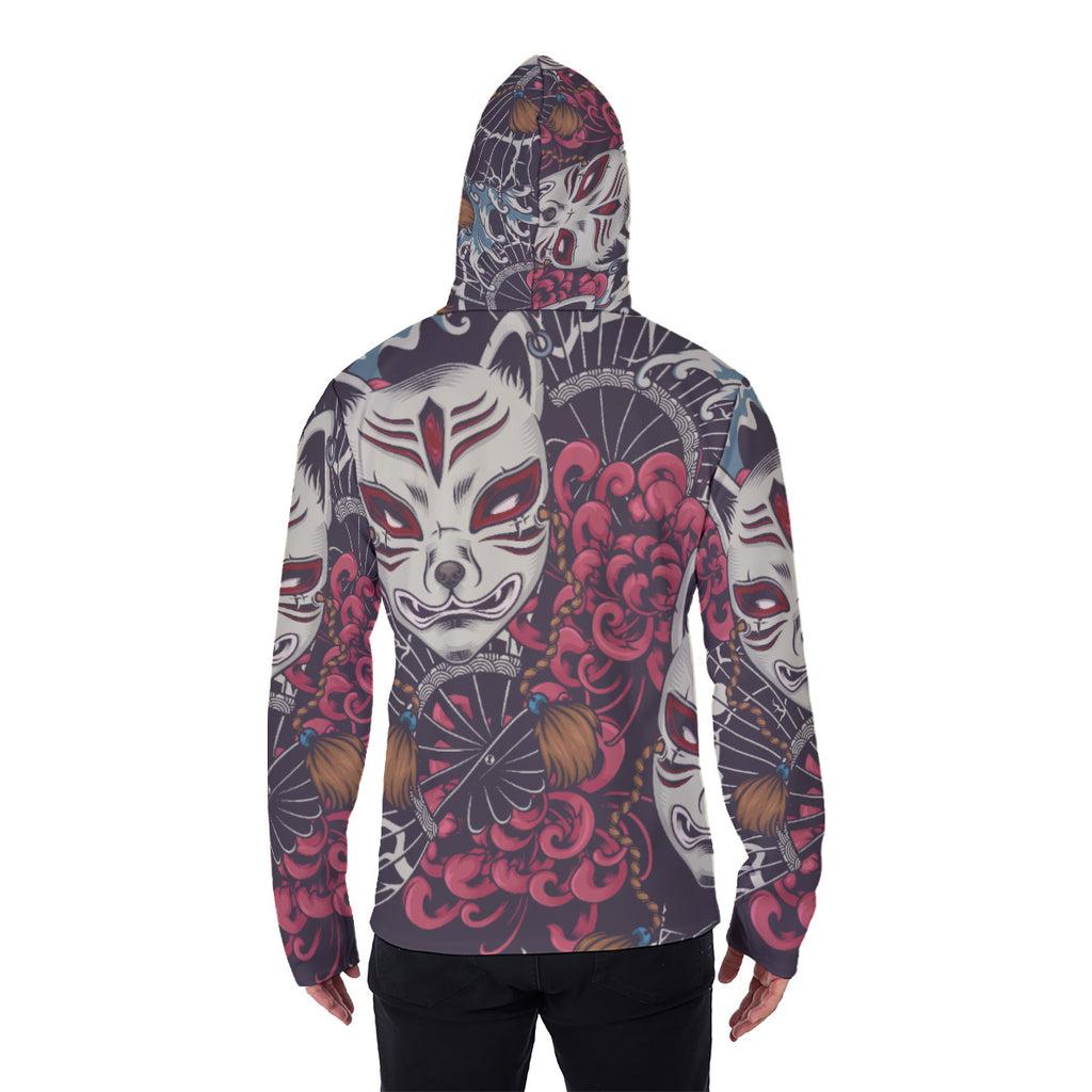 Full Body Japanese Tattoo Print Men's Heavyweight Fleece Hoodie With Retractable Face Mask