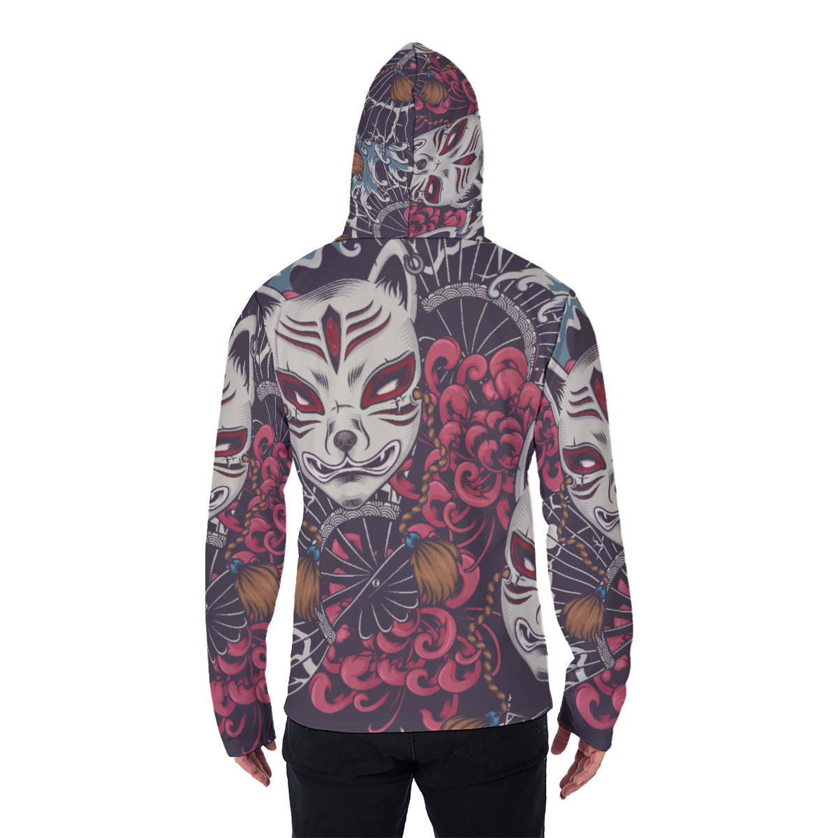 Full Body Japanese Tattoo Print Men's Heavyweight Fleece Hoodie With Retractable Face Mask