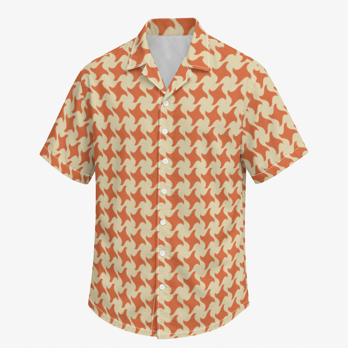 Orange and Cream Houndstooth Print Men's Cotton Hawaiian Style Shirt |115GSM Cotton poplin