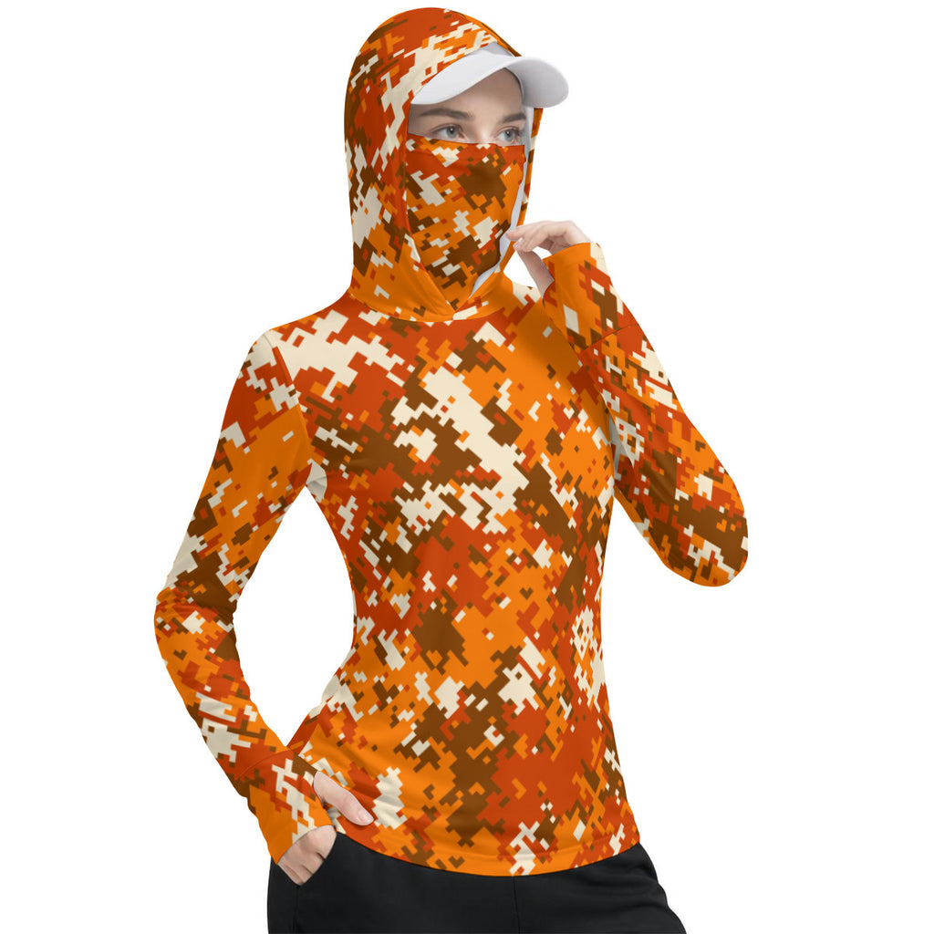 High-Viz Orange Pixel Camoflage Print Women’s UV-Resistant Hooded shirt w/retractable face mask