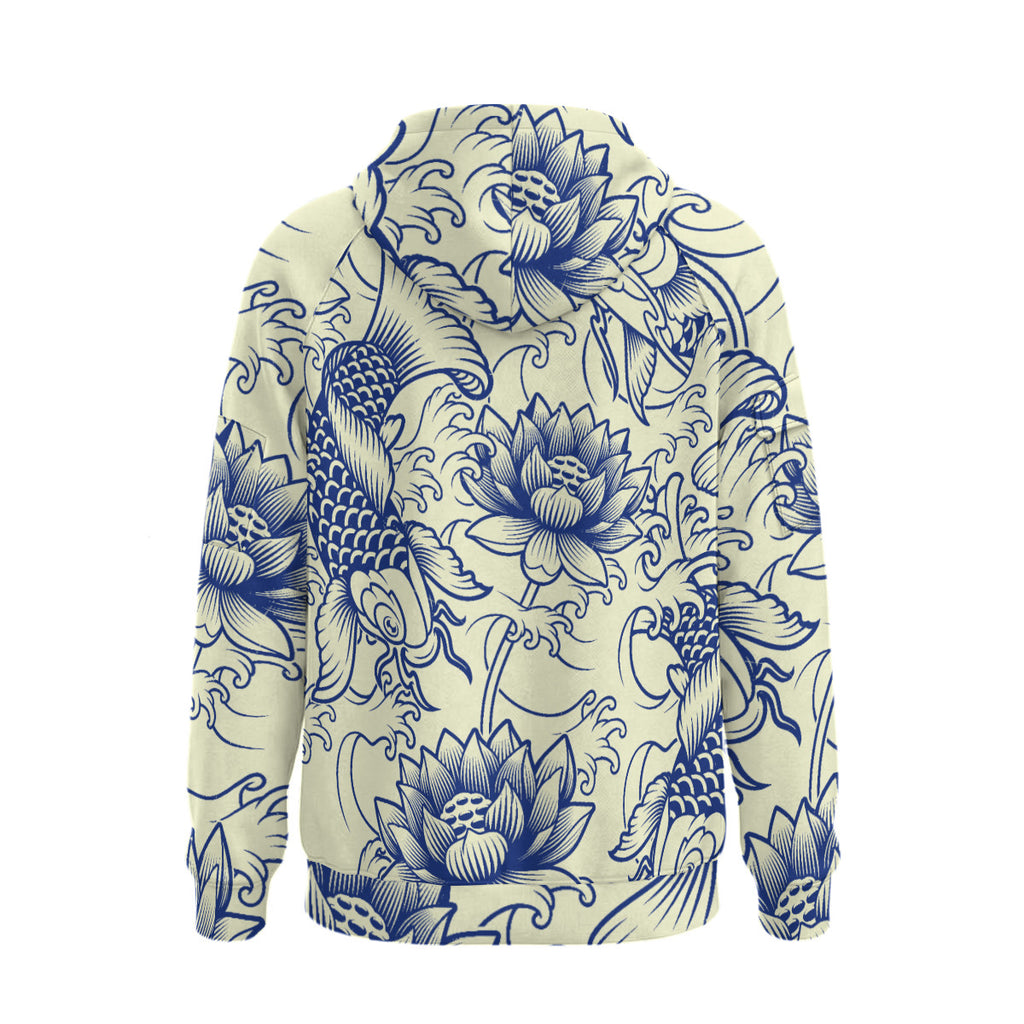 Blue Koi-Pond Japanese Print Men’s Heavyweight Fleece Half-Zip Hoodie With Arm Pockets