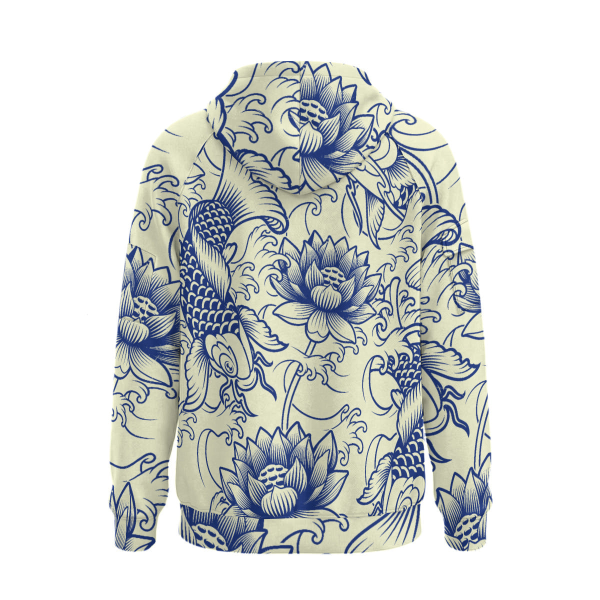 Blue Koi-Pond Japanese Print Men’s Heavyweight Fleece Half-Zip Hoodie With Arm Pockets
