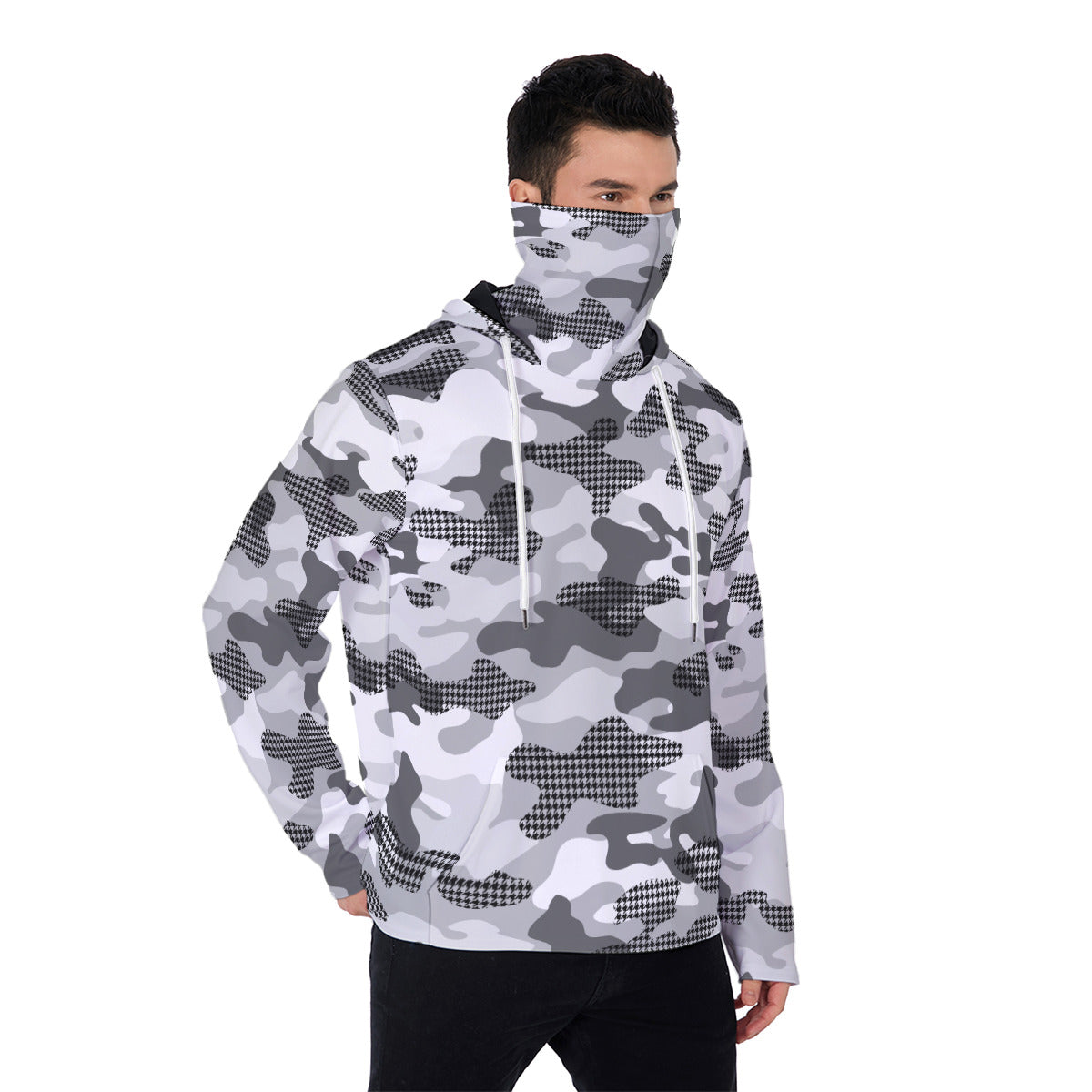 White Gray and Black Camouflage Print Men's Heavyweight Fleece Hoodie With Retractable FaceMask