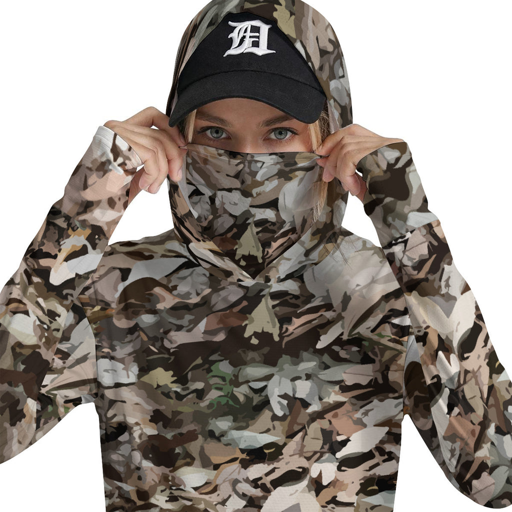 Leafy Forest Camouflage Print Women’s UV-Resistant Hooded Shirt w/Retractable Facemask