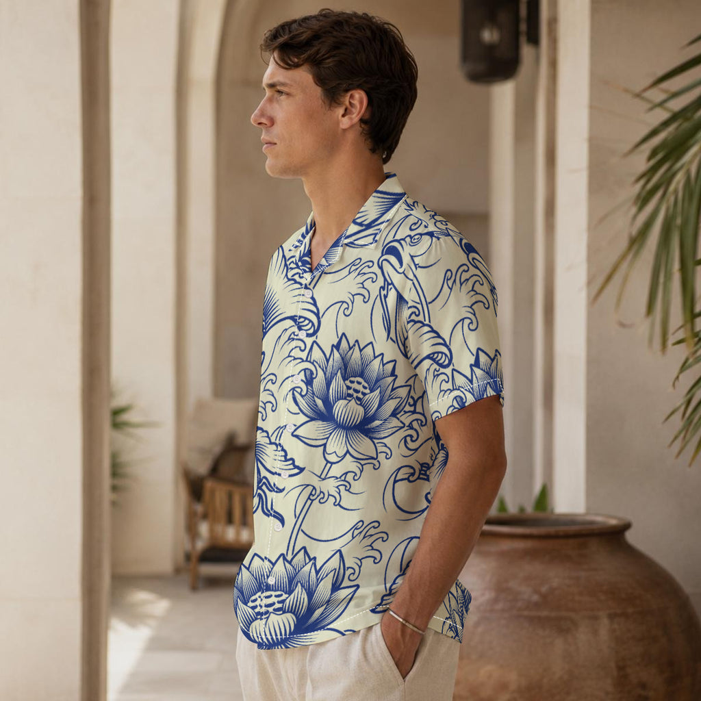 Japanese Koi Print Men's Hawaiian Shirt |115GSM Cotton poplin