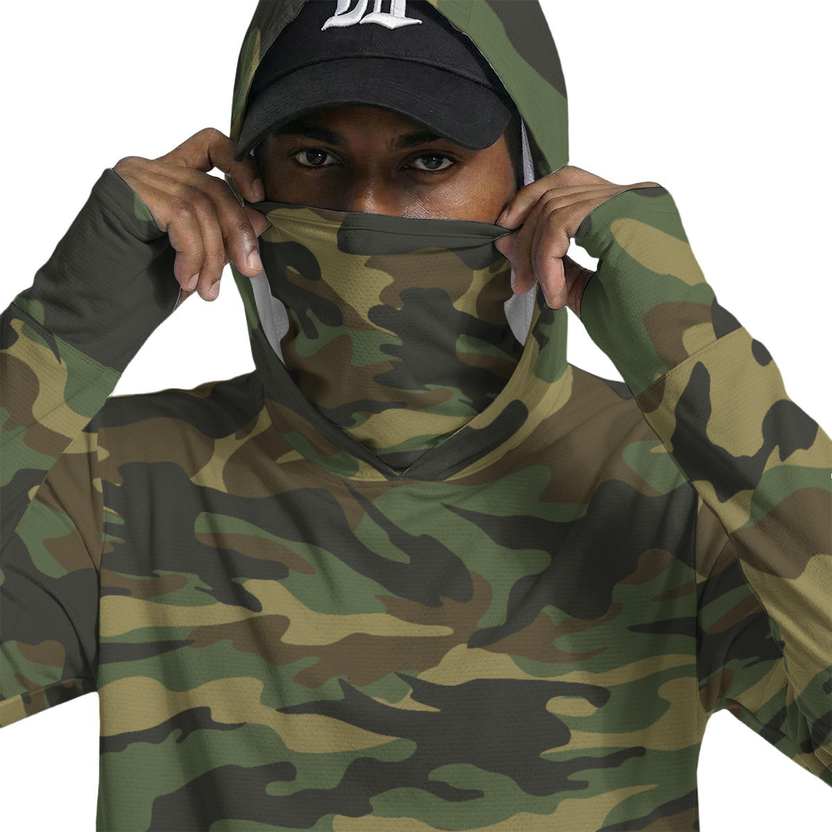 Army Camouflage Print Men’s UPF 50+ Sun Protection Hoodie with Face Cover and Thumb Holes