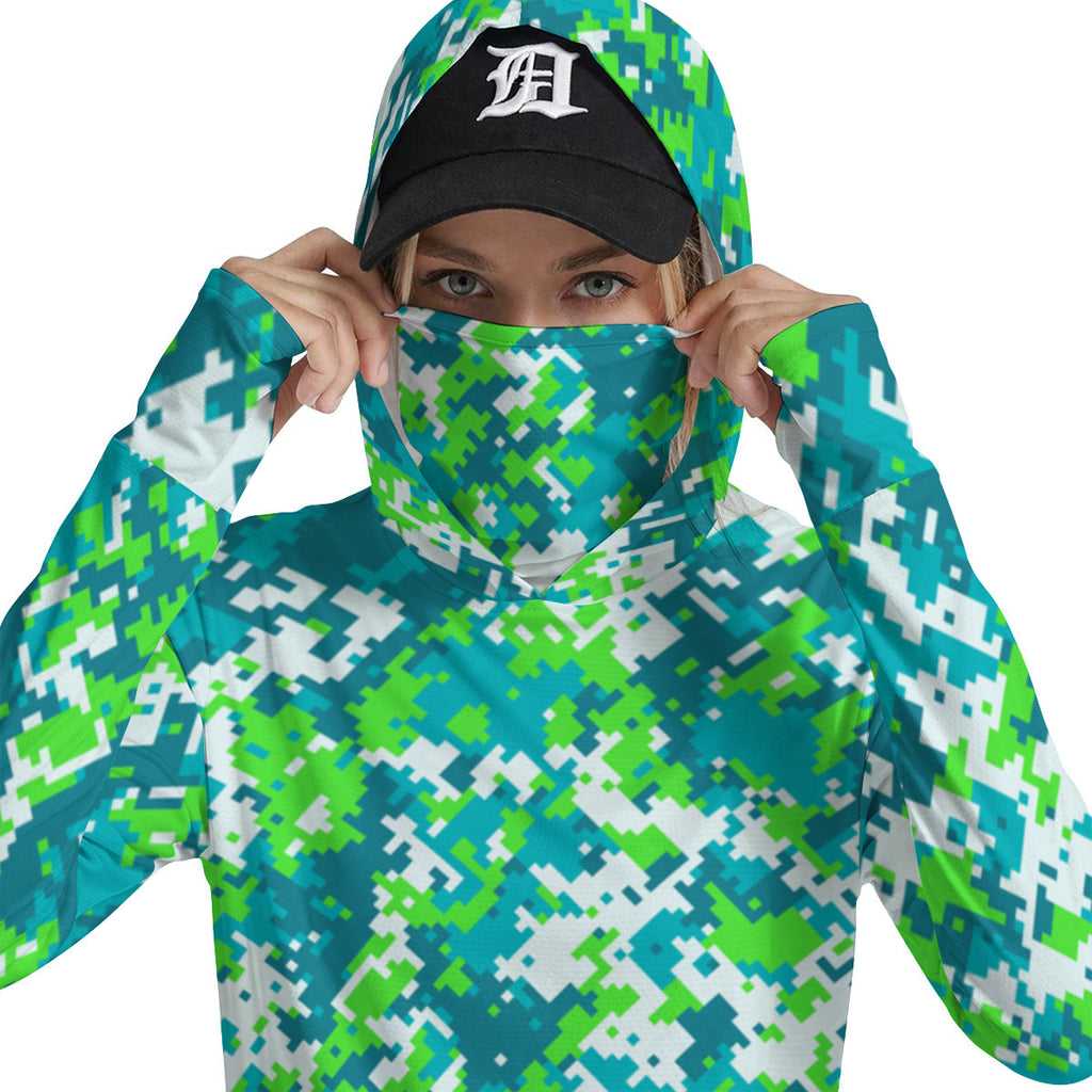 High Visiblity Neon Green Camouflage Women's UV-Resistant Hooded Shirt W/Retractable Facemask