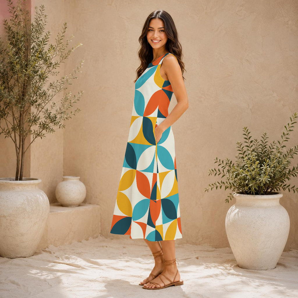 All-Cotton Retro-print Women's Sleeveless Dress With Pocket|125GSM Slub Cotton