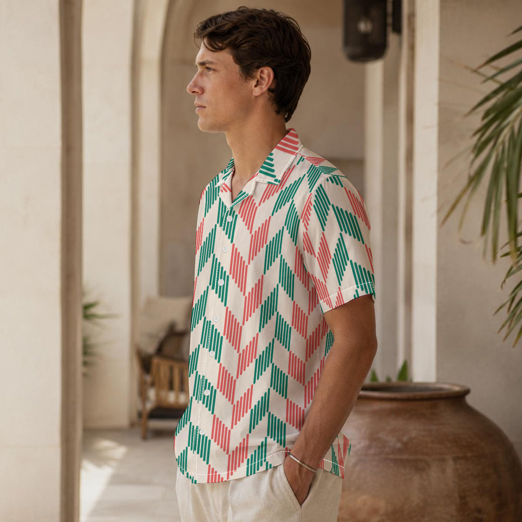 Green and Red Feathe Print Men's Cotton Hawaiian-Style Shirt |115GSM Cotton poplin