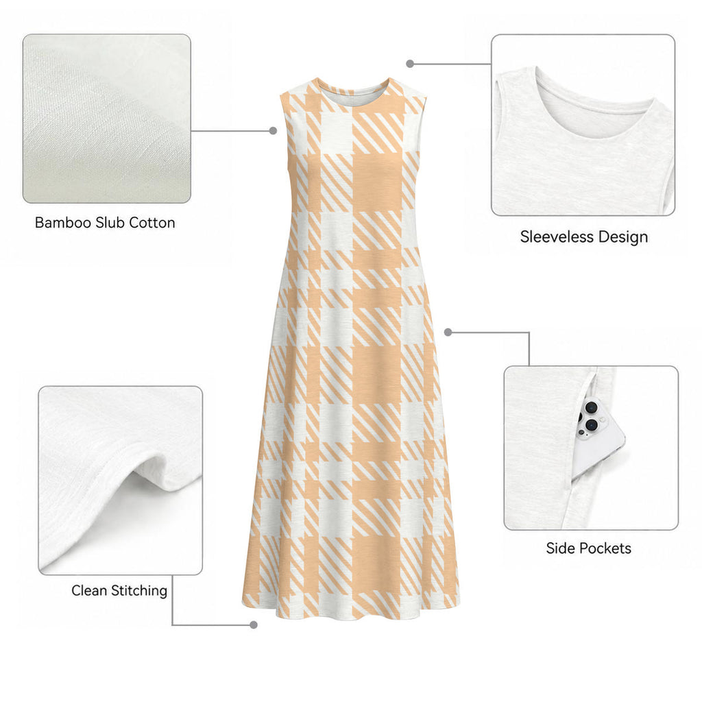 Women's 1000% Cotton Sleeveless Dress With Peach Tartan Pattern|125GSM Slub Cotton