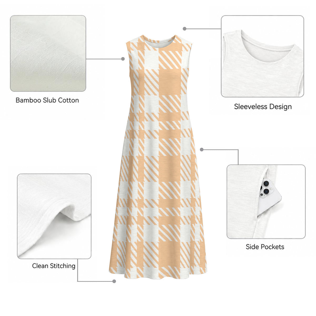 Women's 1000% Cotton Sleeveless Dress With Peach Tartan Pattern|125GSM Slub Cotton