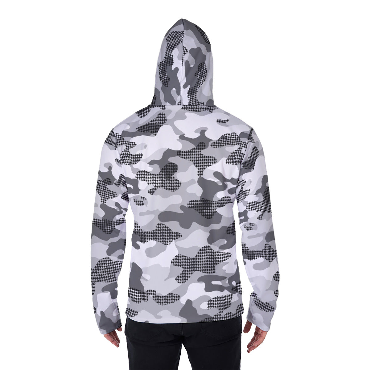 White Camouflage Men's Heavyweight Fleece Hoodie With Retractable Face Mask