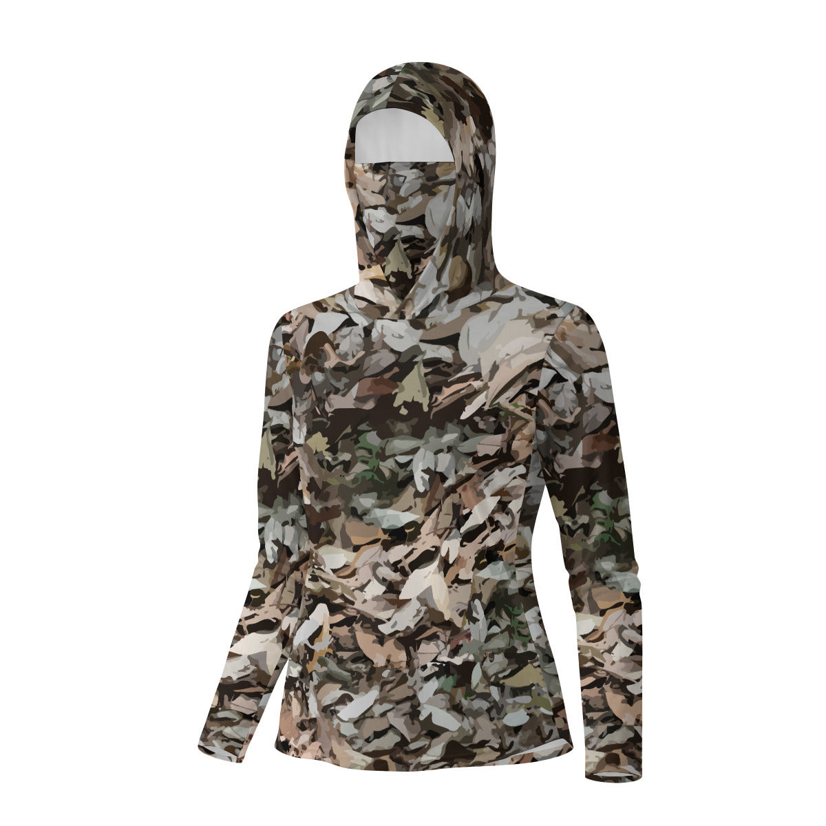 Leafy Forest Camouflage Print Women’s UV-Resistant Hooded Shirt w/Retractable Facemask