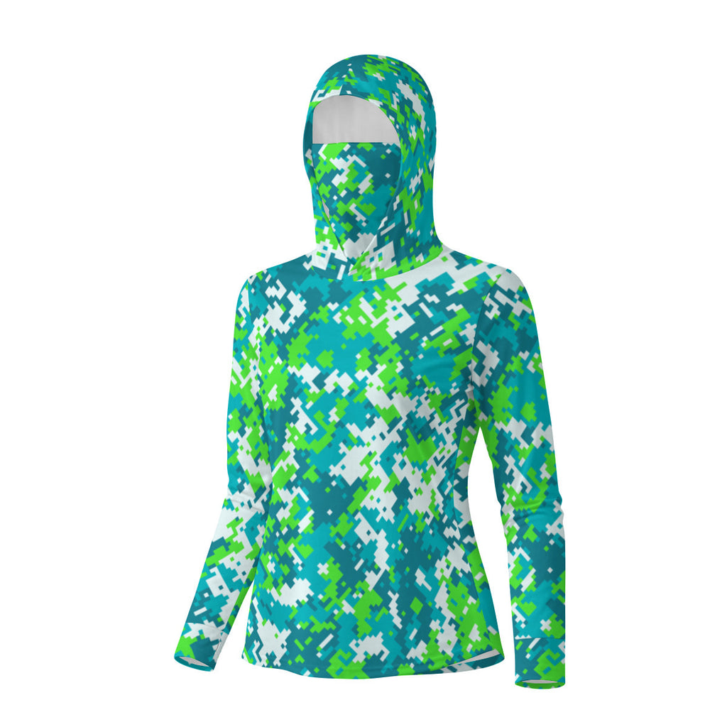 High Visiblity Neon Green Camouflage Women's UV-Resistant Hooded Shirt W/Retractable Facemask