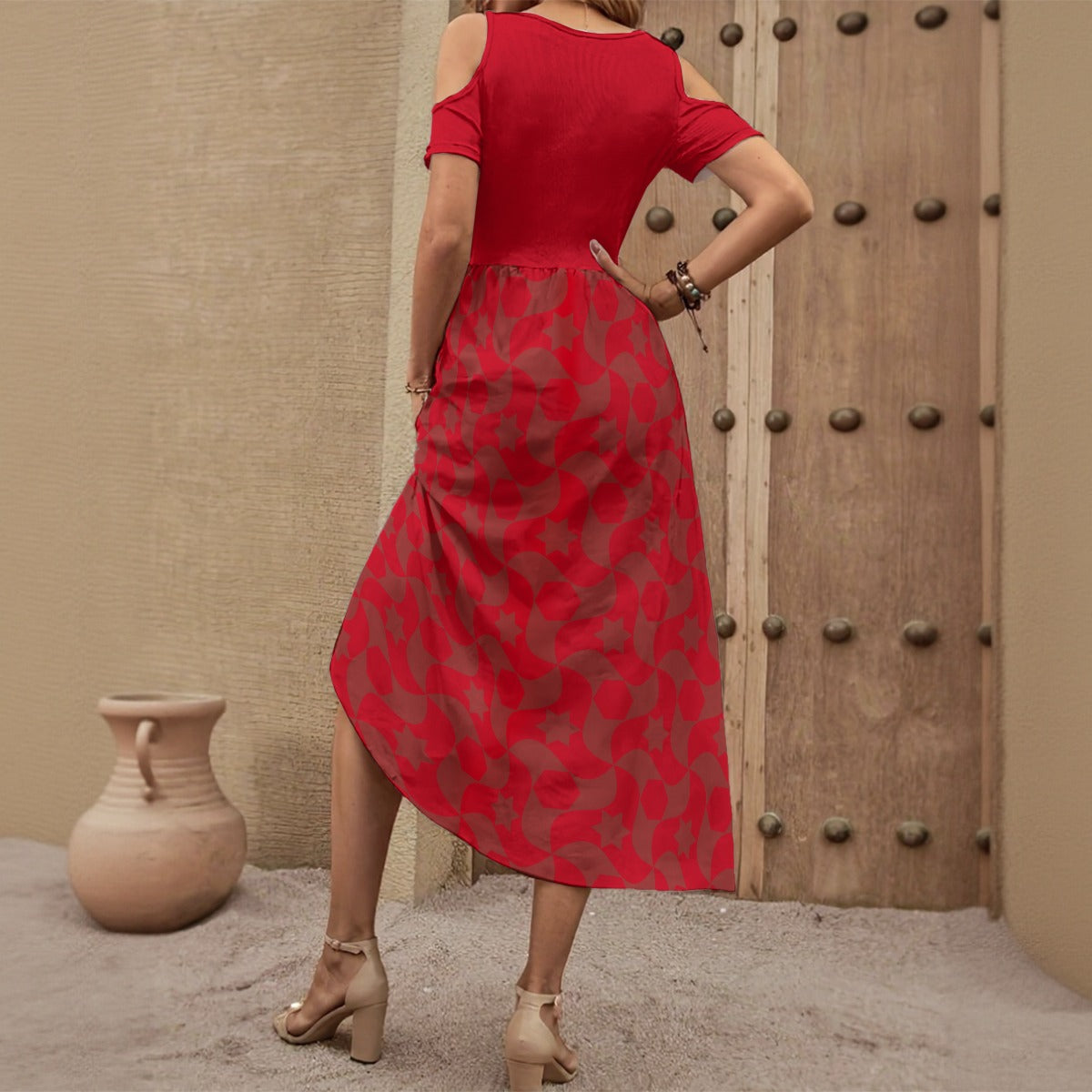 Red on Red Women's V-neck Off-shoulder Dress With Moorish Tesselation Accents