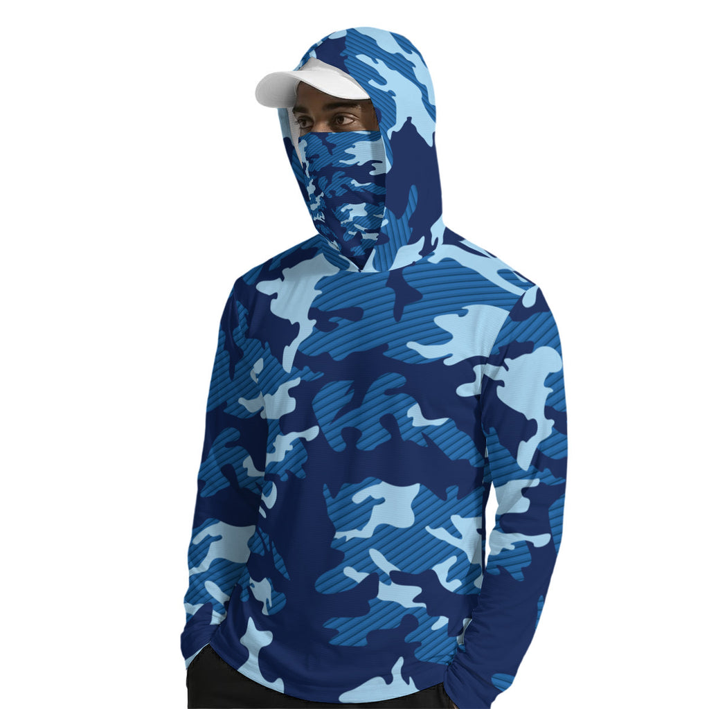 Blue Camouflage Print Men’s Sun Protection UPF-50 Hoodie with Face Cover and Thumb Holes