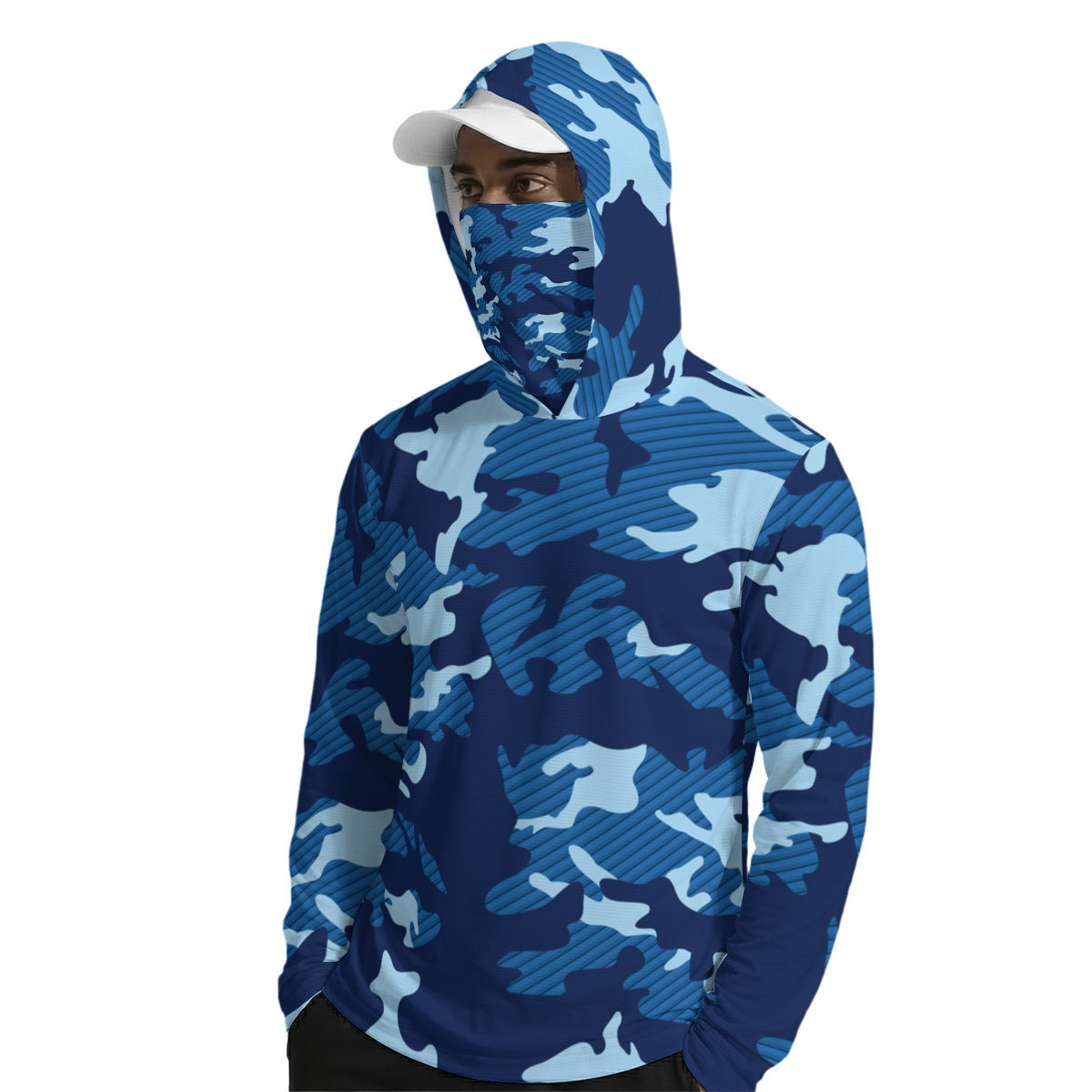Blue Camouflage Print Men’s Sun Protection UPF-50 Hoodie with Face Cover and Thumb Holes