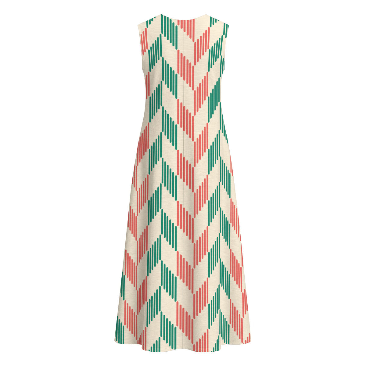 Green, Red and Cream Herringbone Women's Sleeveless 100% Cotton Dress With Pocket|125GSM Slub Cotton