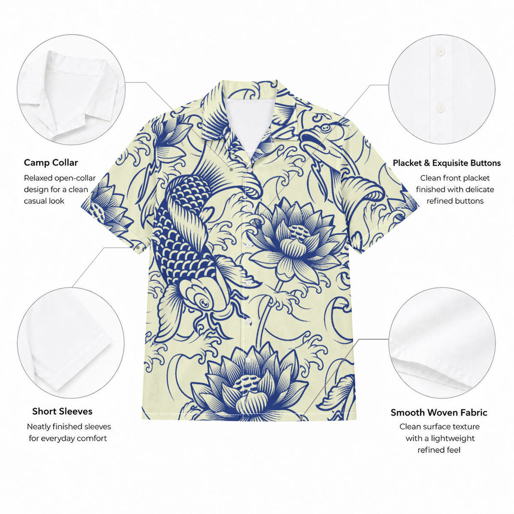 White and Blue Koi Pond Print Men's Hawaiian Shirt |115GSM Cotton poplin