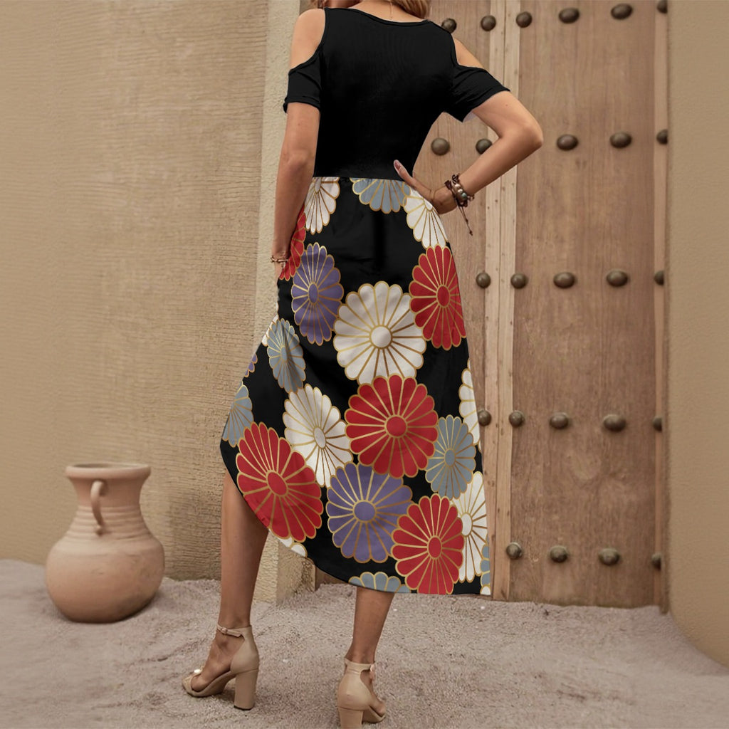 Japanese Chrysanthemum Bottom Women's V-neck Off-shoulder Dress