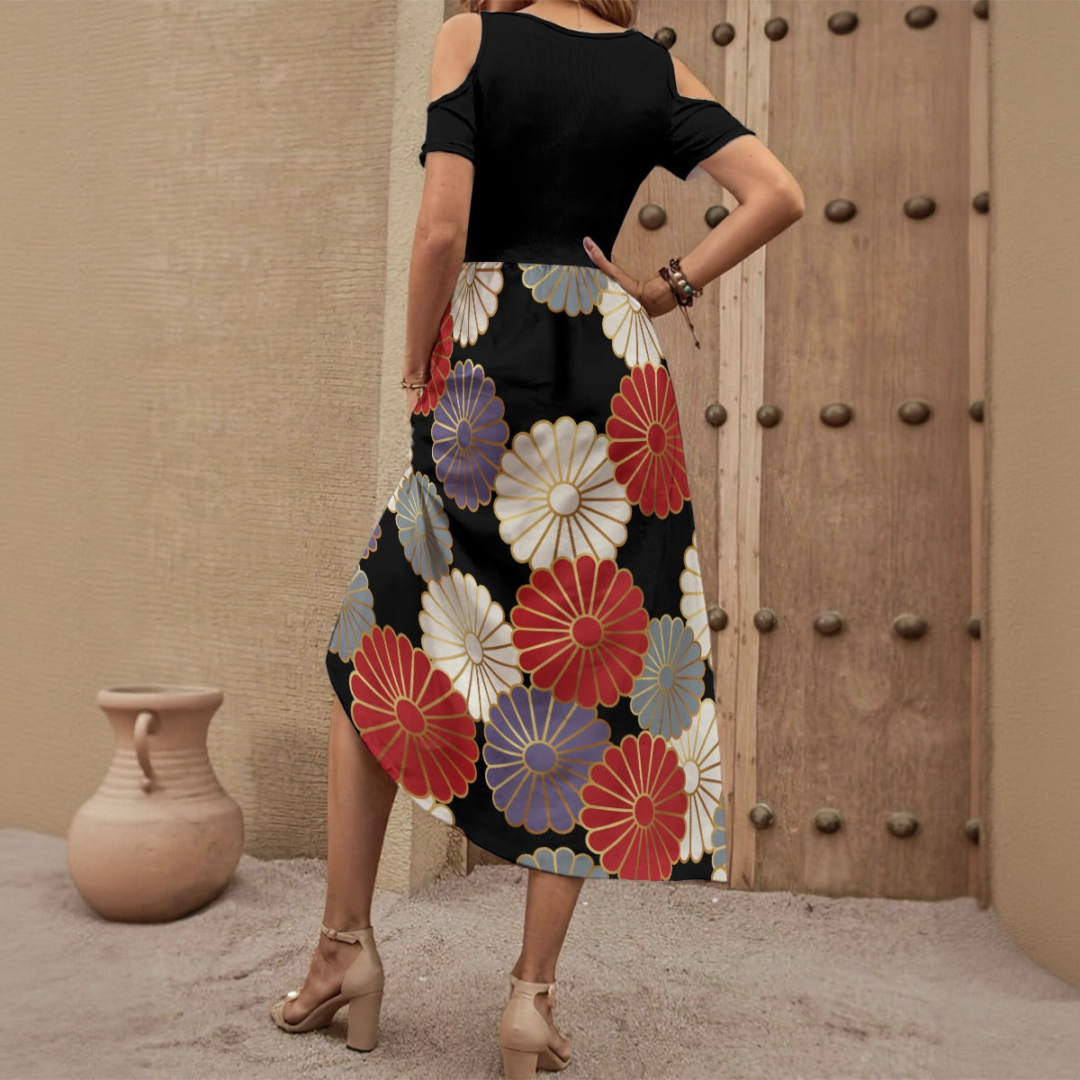 Japanese Chrysanthemum Bottom Women's V-neck Off-shoulder Dress