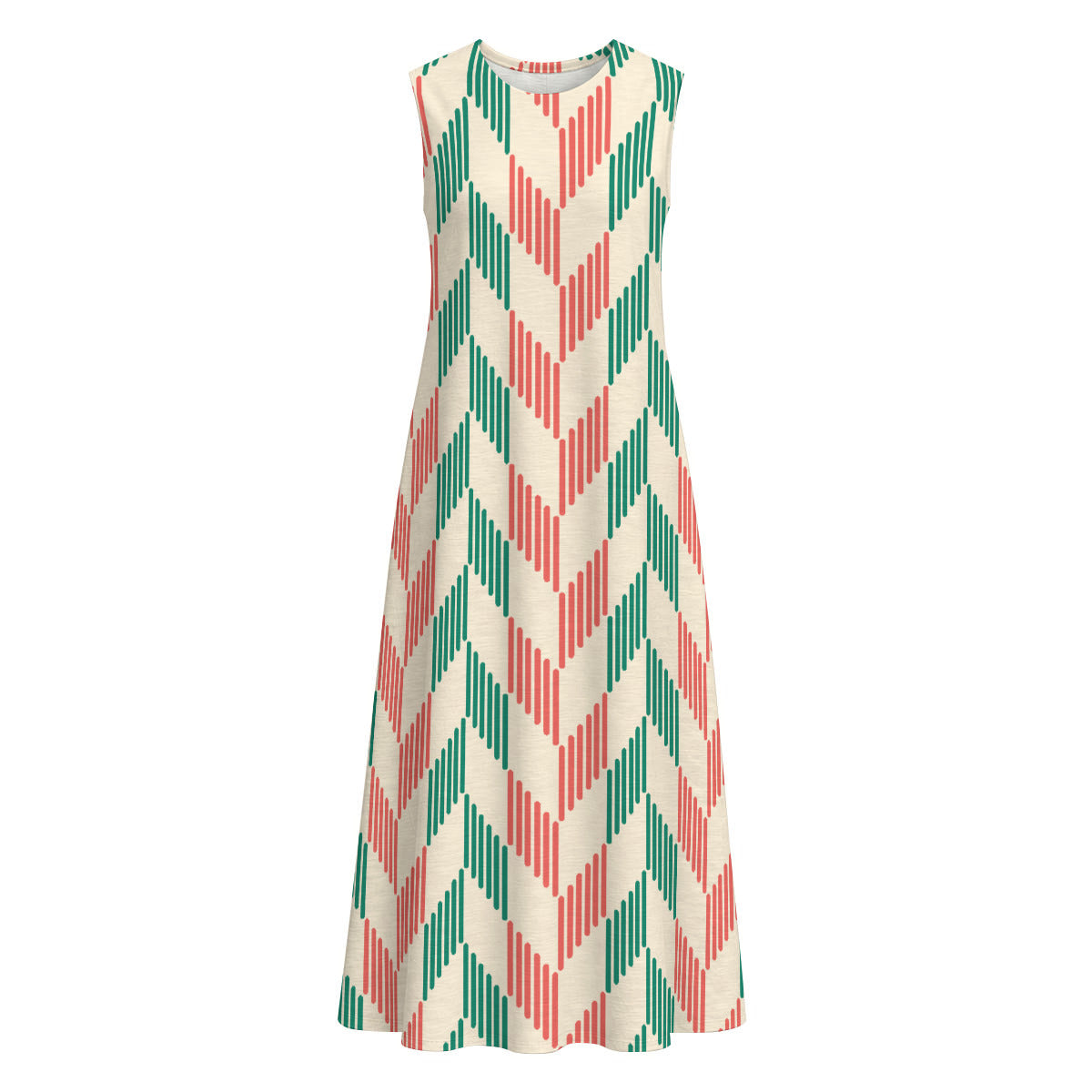 Green, Red and Cream Herringbone Women's Sleeveless 100% Cotton Dress With Pocket|125GSM Slub Cotton