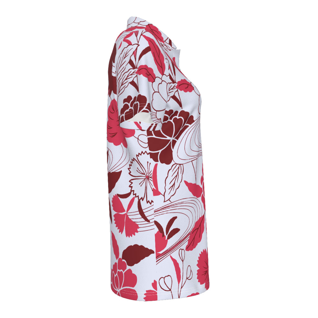 Red, white and burgundy floral Print Women's UV Protection POLO Shirt