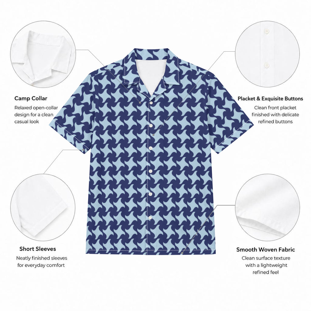 Blue on Blue Houndstooth Print Men's Hawaiian Shirt |115GSM Cotton poplin