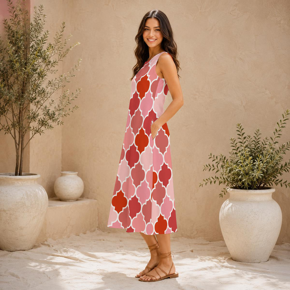 Red Moorish Lantern 100% Cotton Women's Sleeveless Dress With Pocket|125GSM Slub Cotton