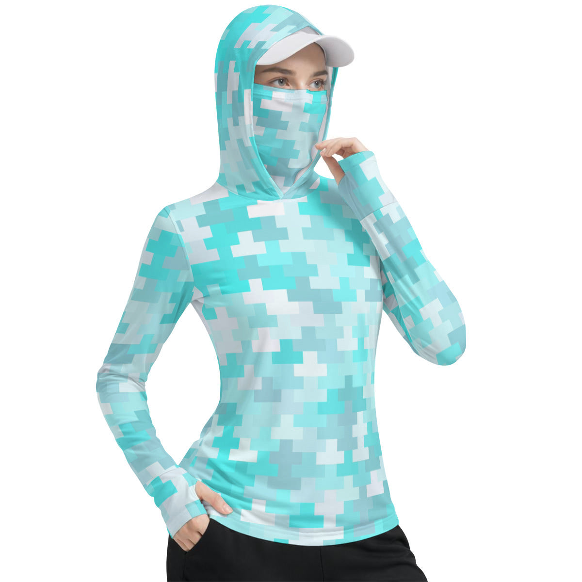 Aquamarine Pixel Print Women’s UV-Resistant Hooded Shirt w/Retractable Face-Cover