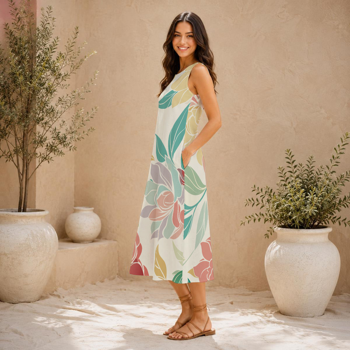 Floral Print Women's Cotton Sleeveless Dress With Pocket|125GSM Slub Cotton